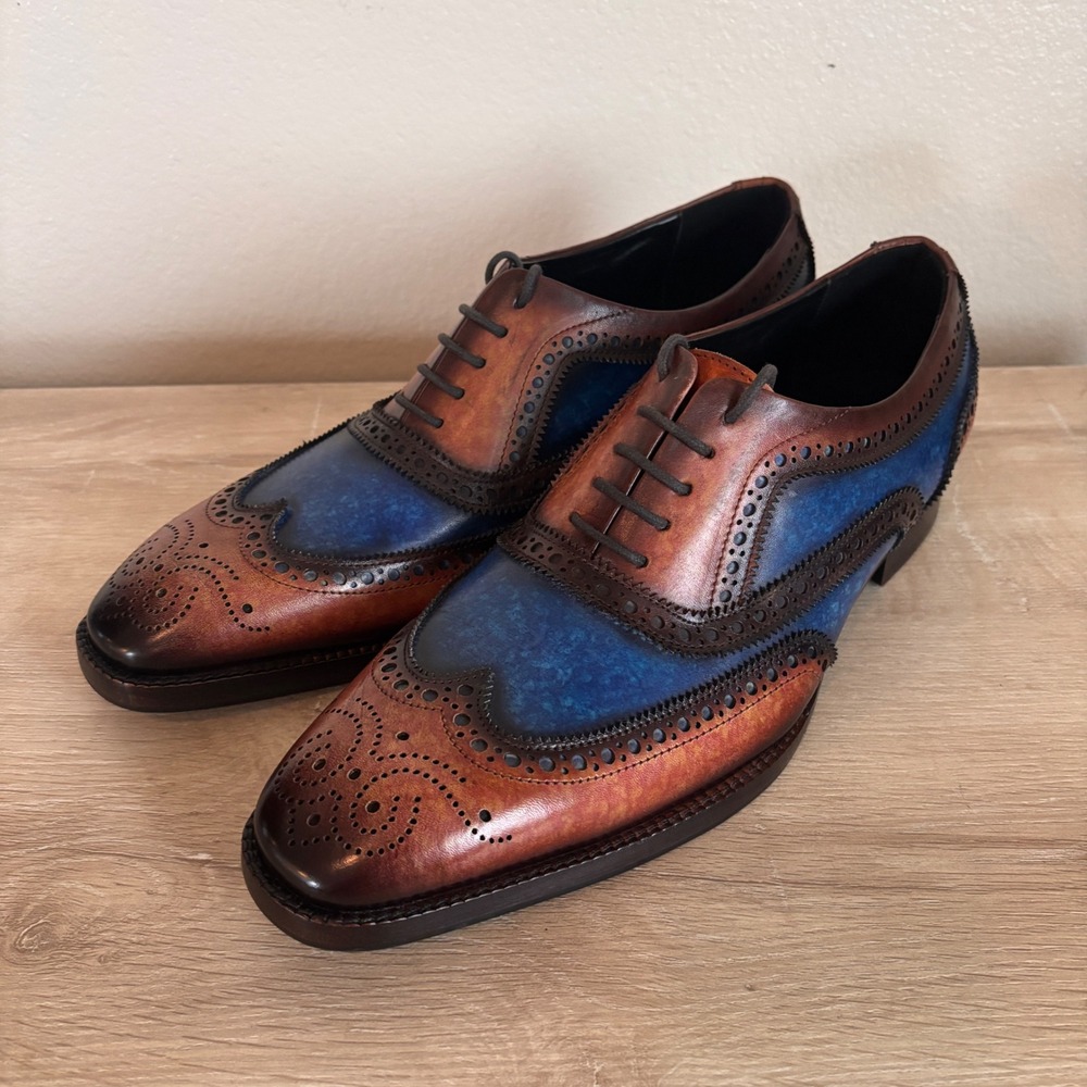 Lethato Mens Handcrafted Leather Wingtip Oxford Shoes Brown Blue US 11.5-12‎